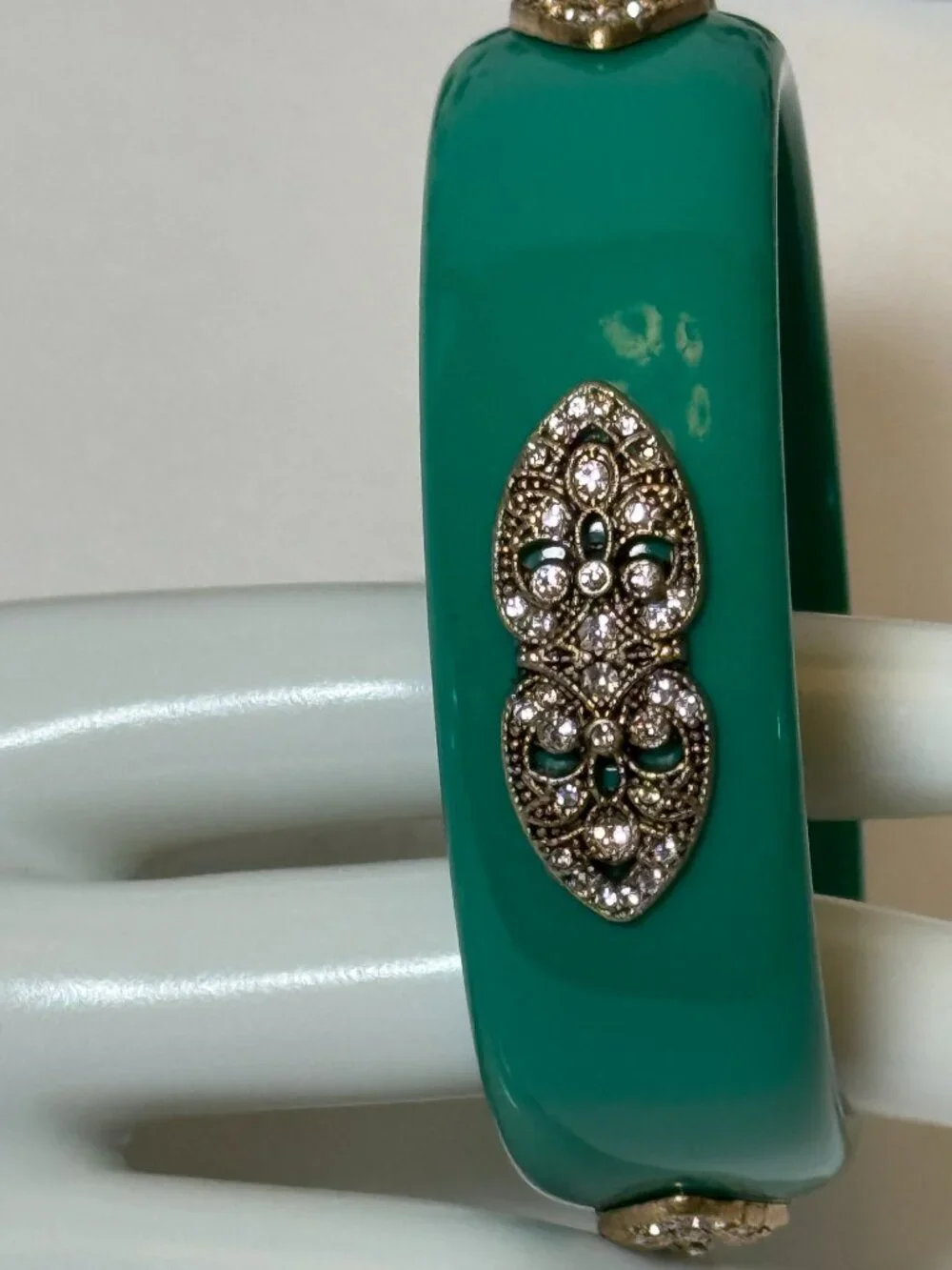 Green Teal Jeweled Cuff Bangle Bracelet Faux Diamond Jeweled Vintage Look